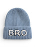 Blue knit beanie with a folded brim, featuring the word "BRO" in white text.