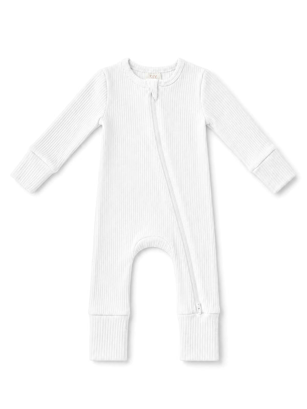 White ribbed baby onesie with long sleeves and a front zipper for easy dressing.