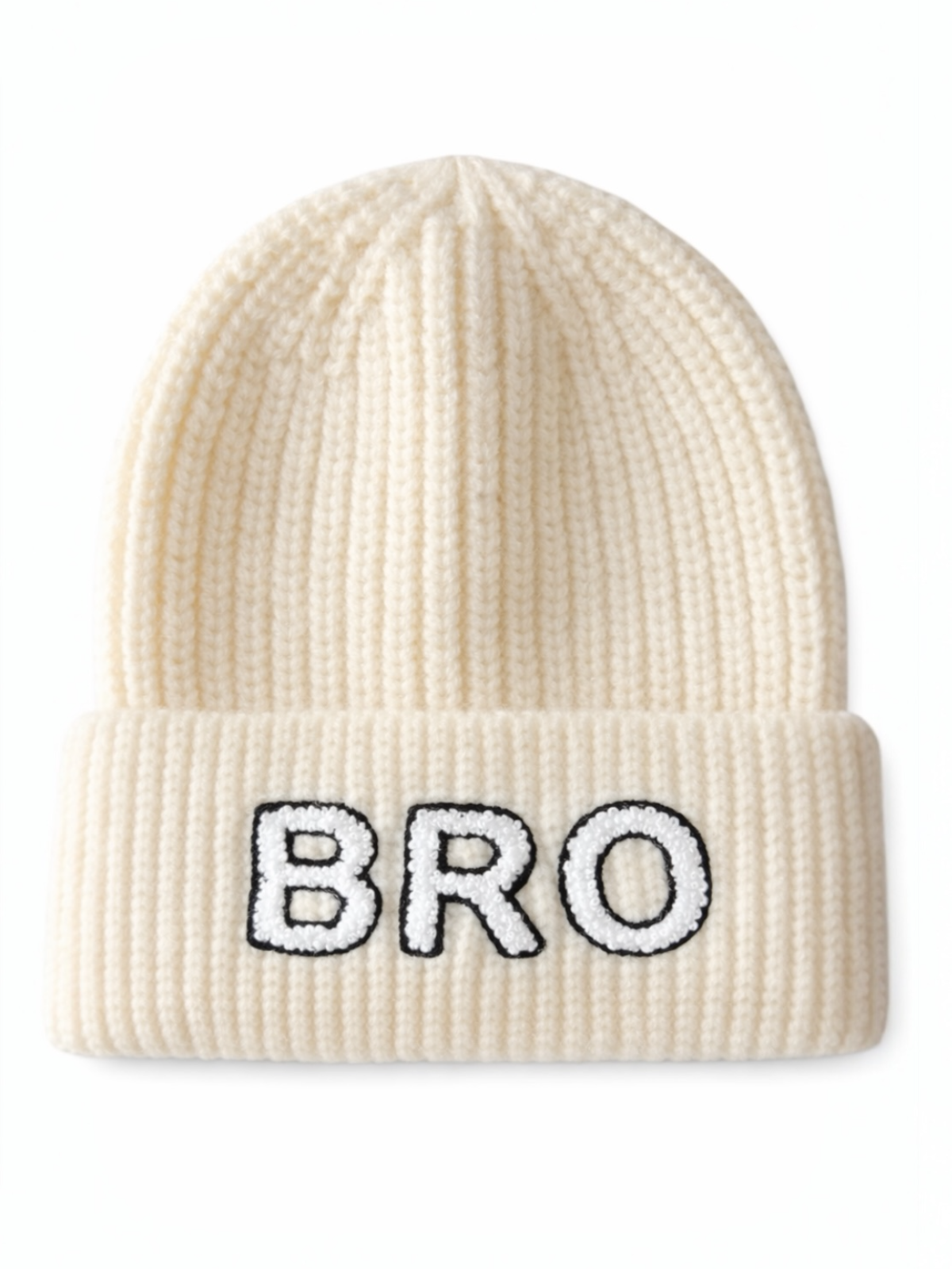 Cream-colored knit beanie with "BRO" embroidered in black on the front.