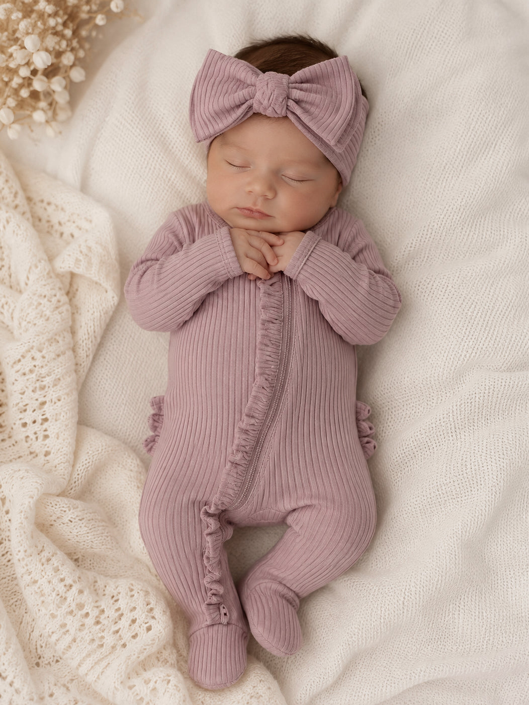 Newborn baby girl in a purple outfit with a bow, sleeping on a cozy white blanket.
