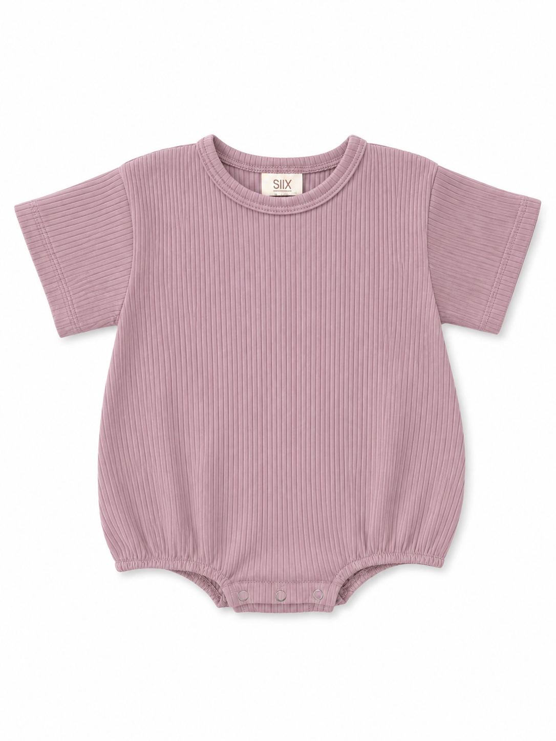 Light purple ribbed baby onesie with short sleeves and snap buttons at the bottom. Soft, comfortable fabric.