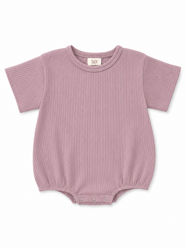 Light purple ribbed baby onesie with short sleeves and snap buttons at the bottom. Soft, comfortable fabric.