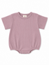 Light purple ribbed baby onesie with short sleeves and snap buttons at the bottom. Soft, comfortable fabric.