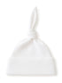 White ribbed hat with a knotted top, designed for a stylish and cozy look.