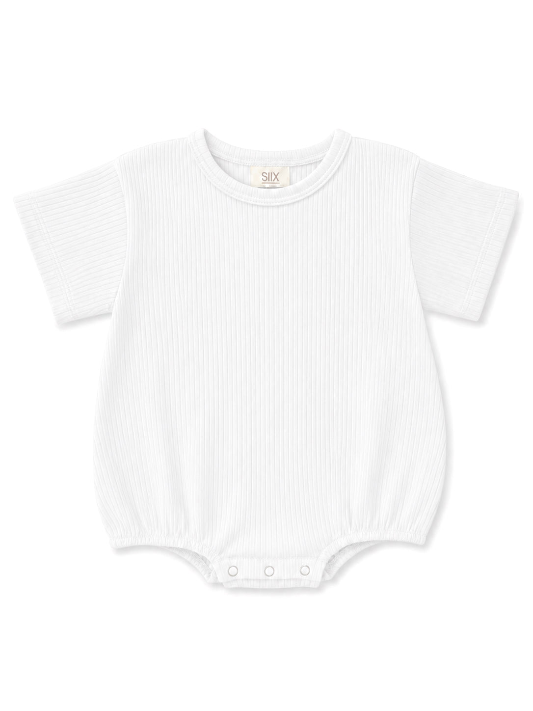 White short-sleeve baby bodysuit with a ribbed texture and bottom snap closure.