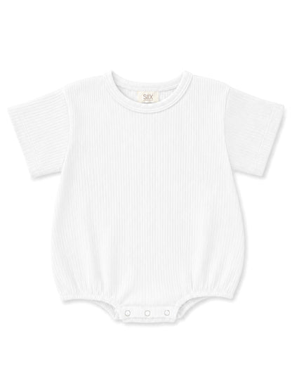 White short-sleeve baby bodysuit with a ribbed texture and bottom snap closure.