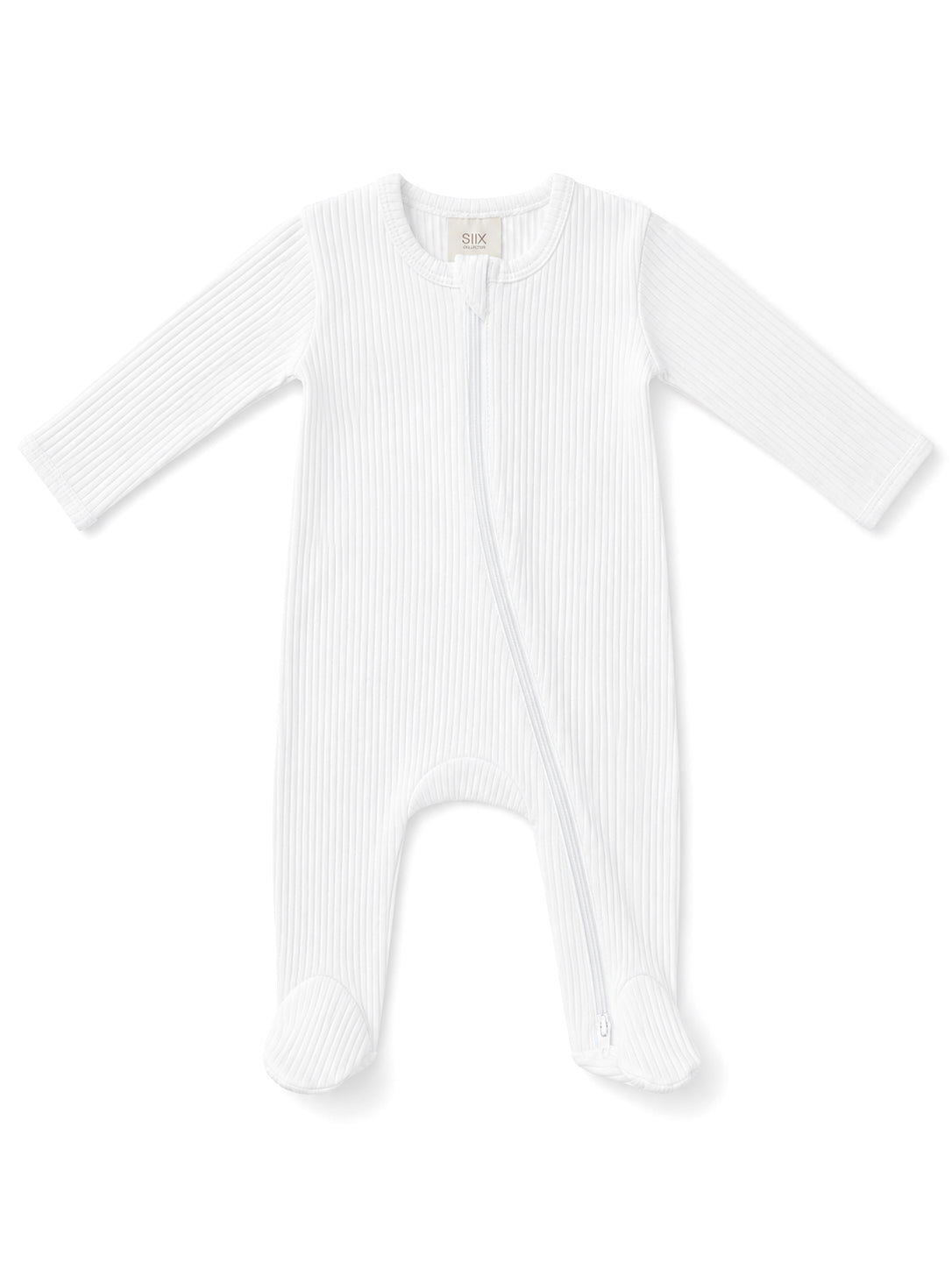 White infant sleeper with long sleeves and a front zipper, featuring ribbed texture and footed bottoms.