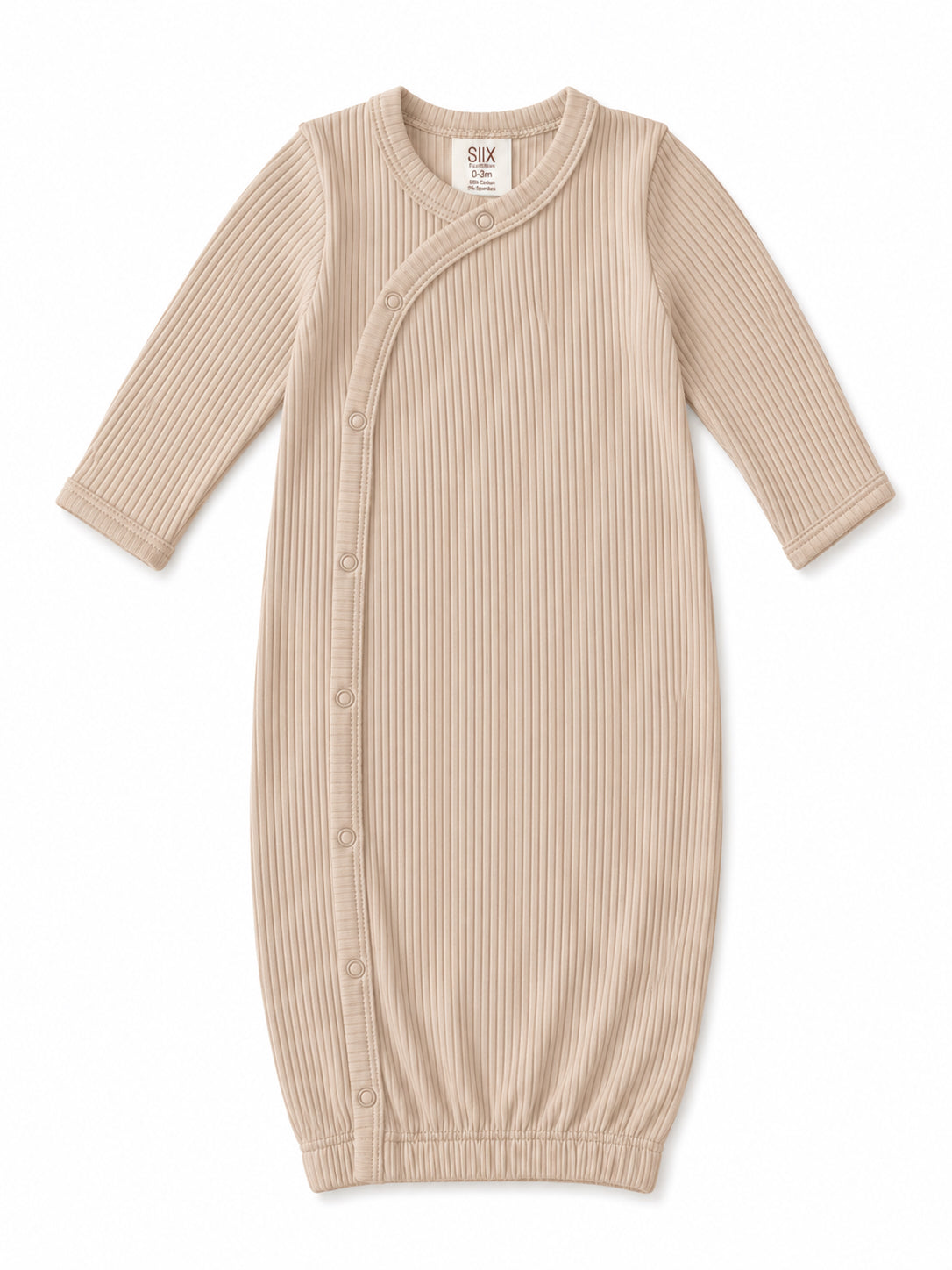 Beige ribbed baby gown with long sleeves and snap buttons, designed for newborns up to 3 months.