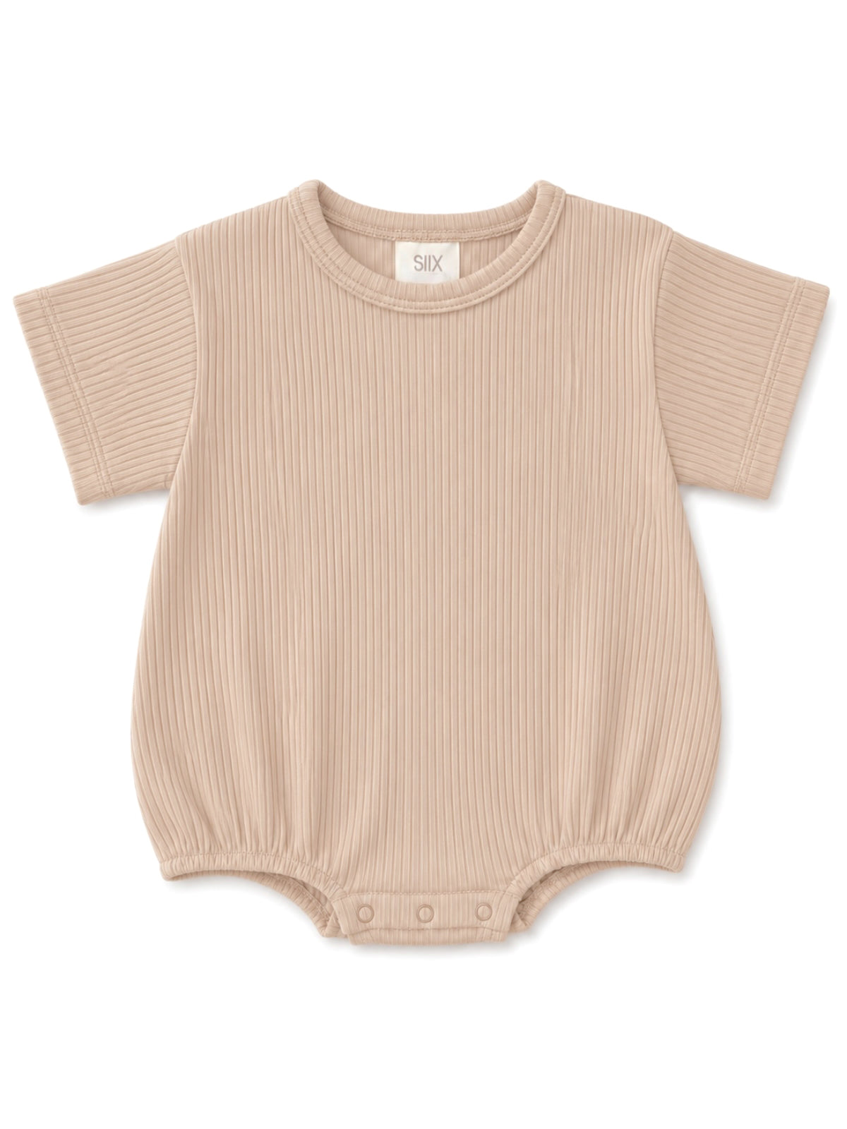 Beige ribbed baby bodysuit with short sleeves and snap button closure at the bottom.