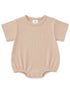 Beige ribbed baby bodysuit with short sleeves and snap button closure at the bottom.