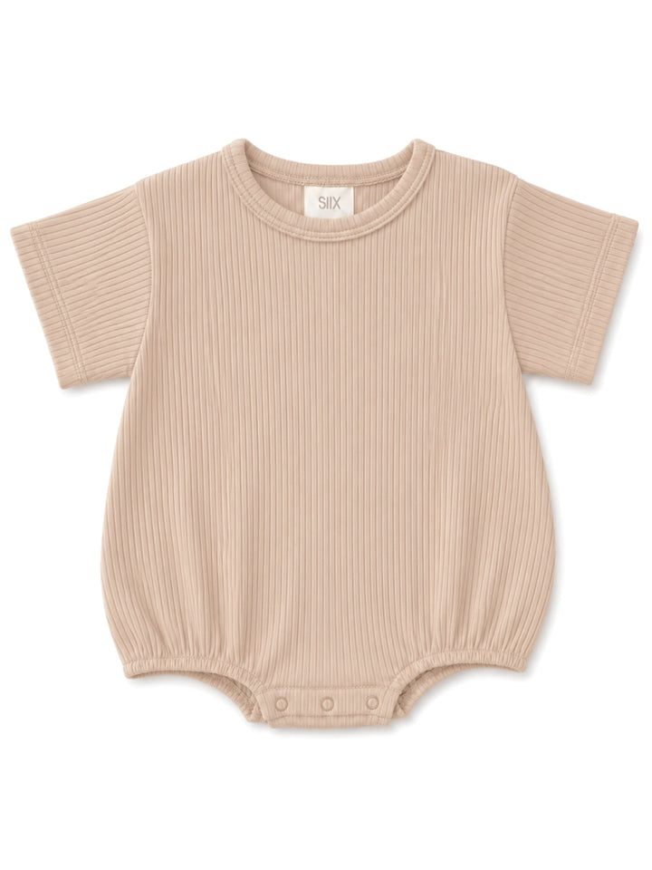 Beige ribbed baby bodysuit with short sleeves and snap button closure at the bottom.