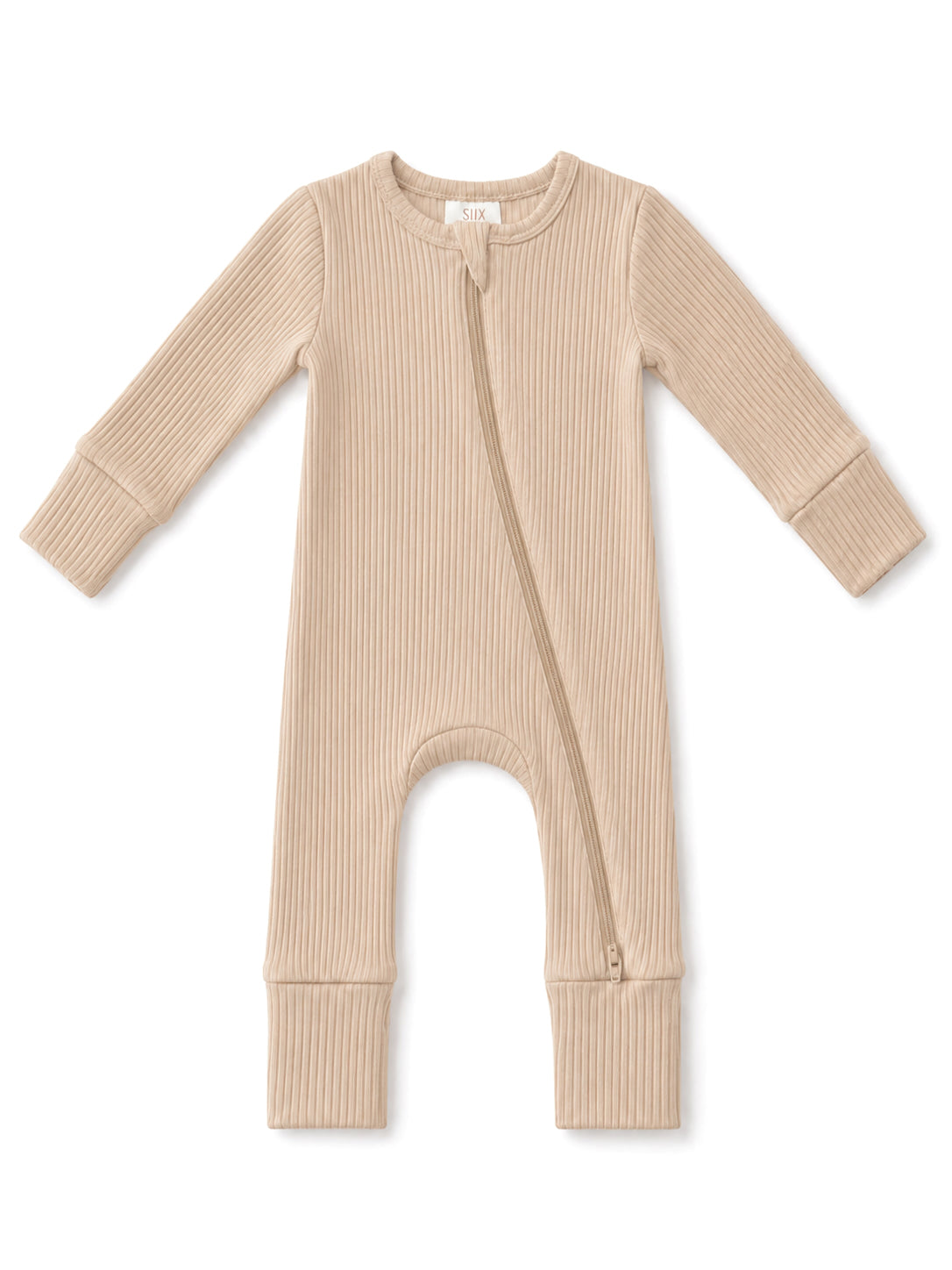 Beige ribbed baby onesie with a front zipper and long sleeves, ideal for comfort and easy dressing.
