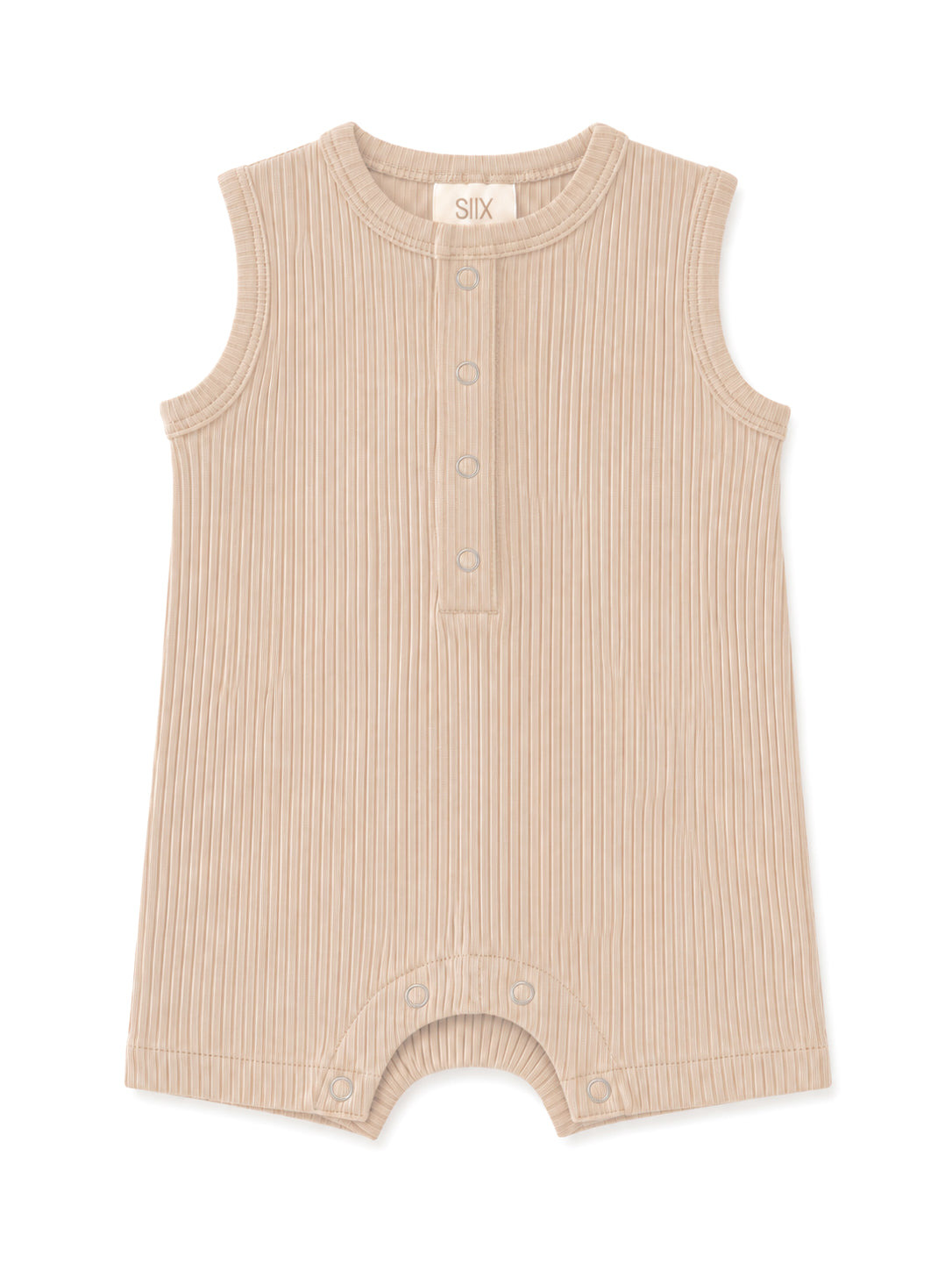 Beige sleeveless baby onesie with ribbed texture and snap buttons at the front. Perfect for warm weather.