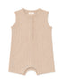 Beige sleeveless baby onesie with ribbed texture and snap buttons at the front. Perfect for warm weather.