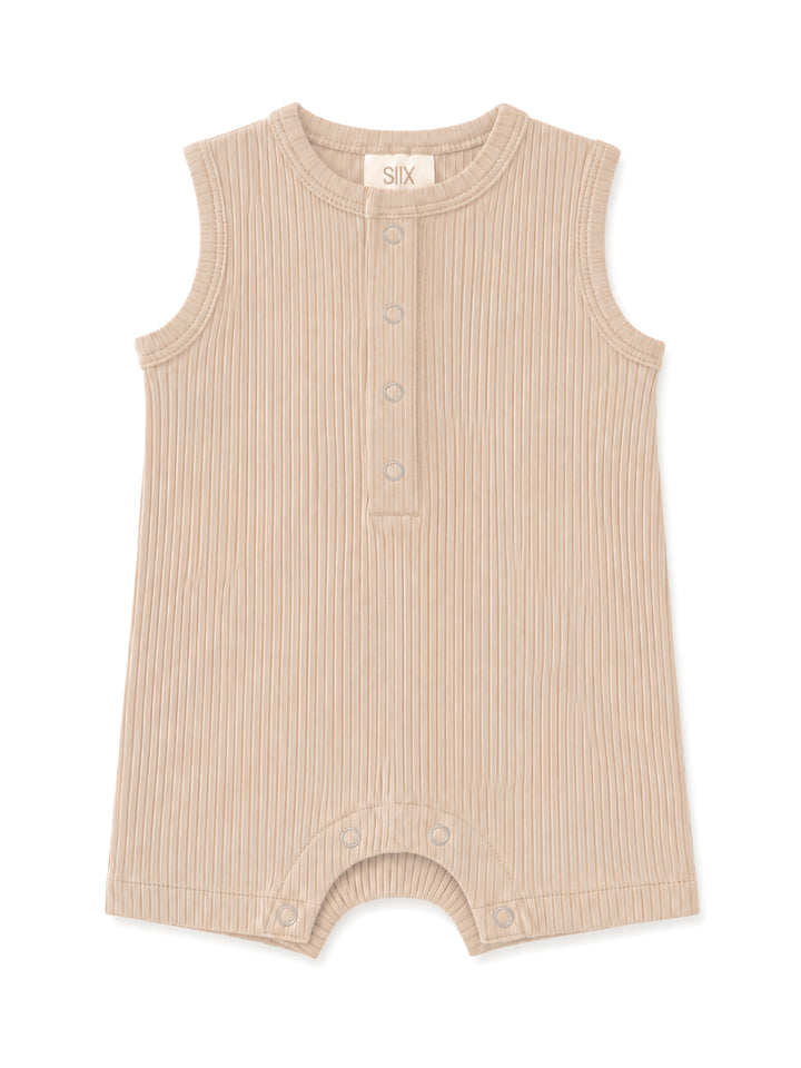 Beige sleeveless baby onesie with ribbed texture and snap buttons at the front. Perfect for warm weather.