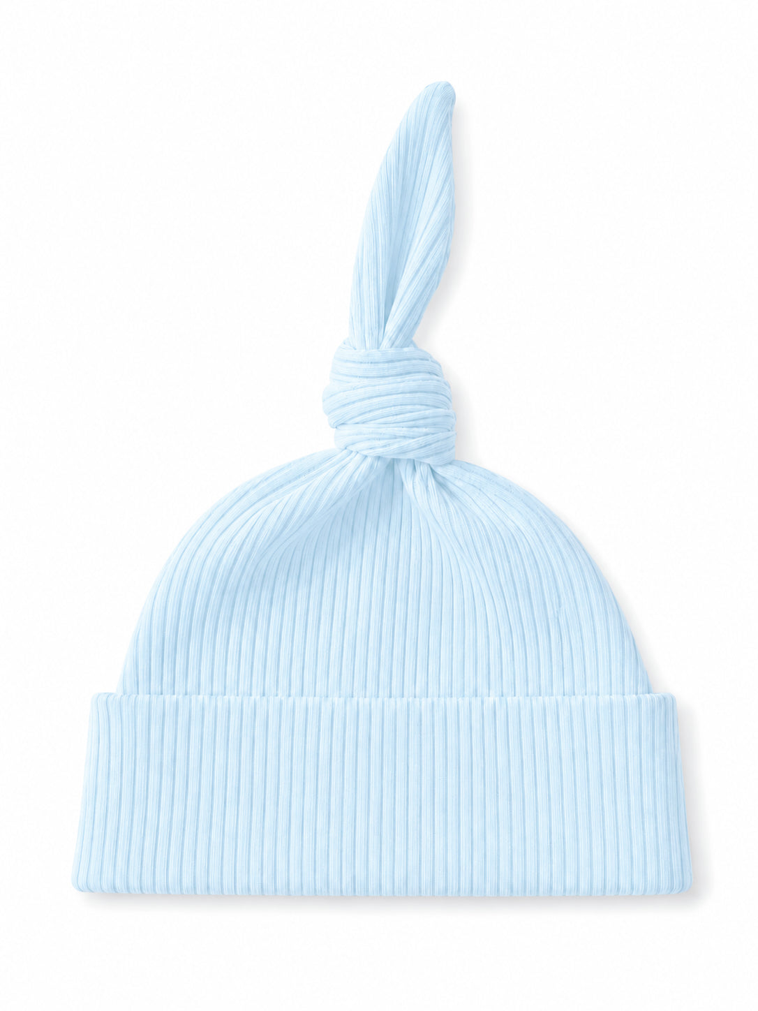 Light blue ribbed baby beanie with a knotted top, perfect for warmth and style.