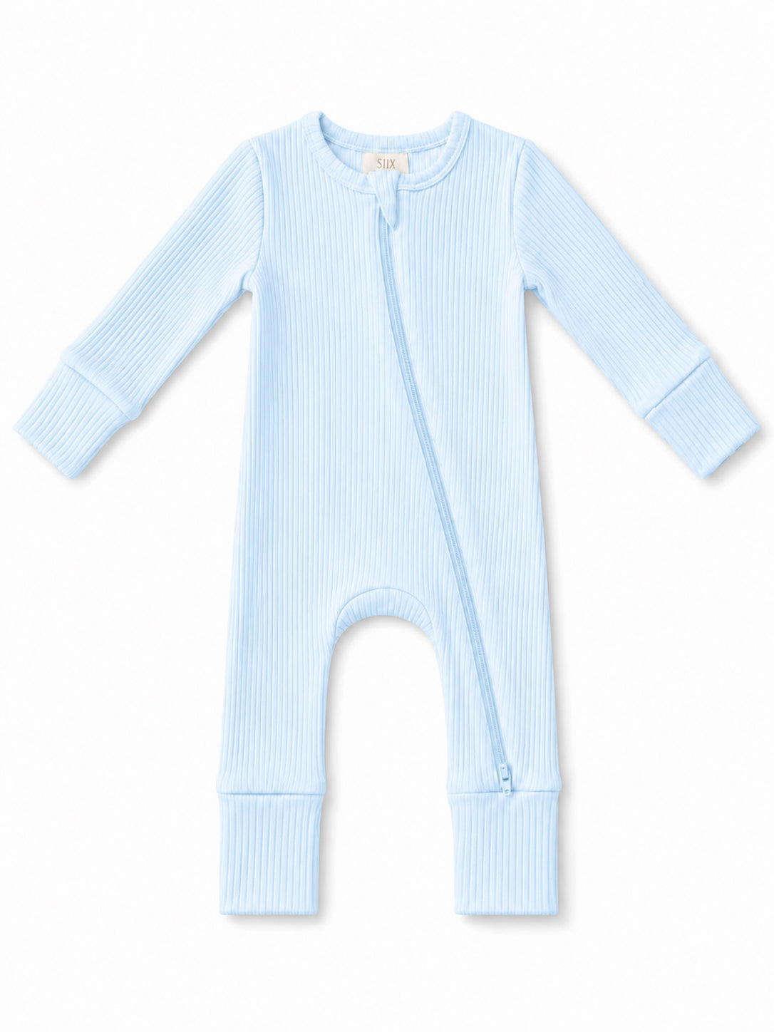 Light blue ribbed baby onesie with a front zipper and long sleeves.