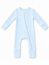 Light blue ribbed baby onesie with a front zipper and long sleeves.