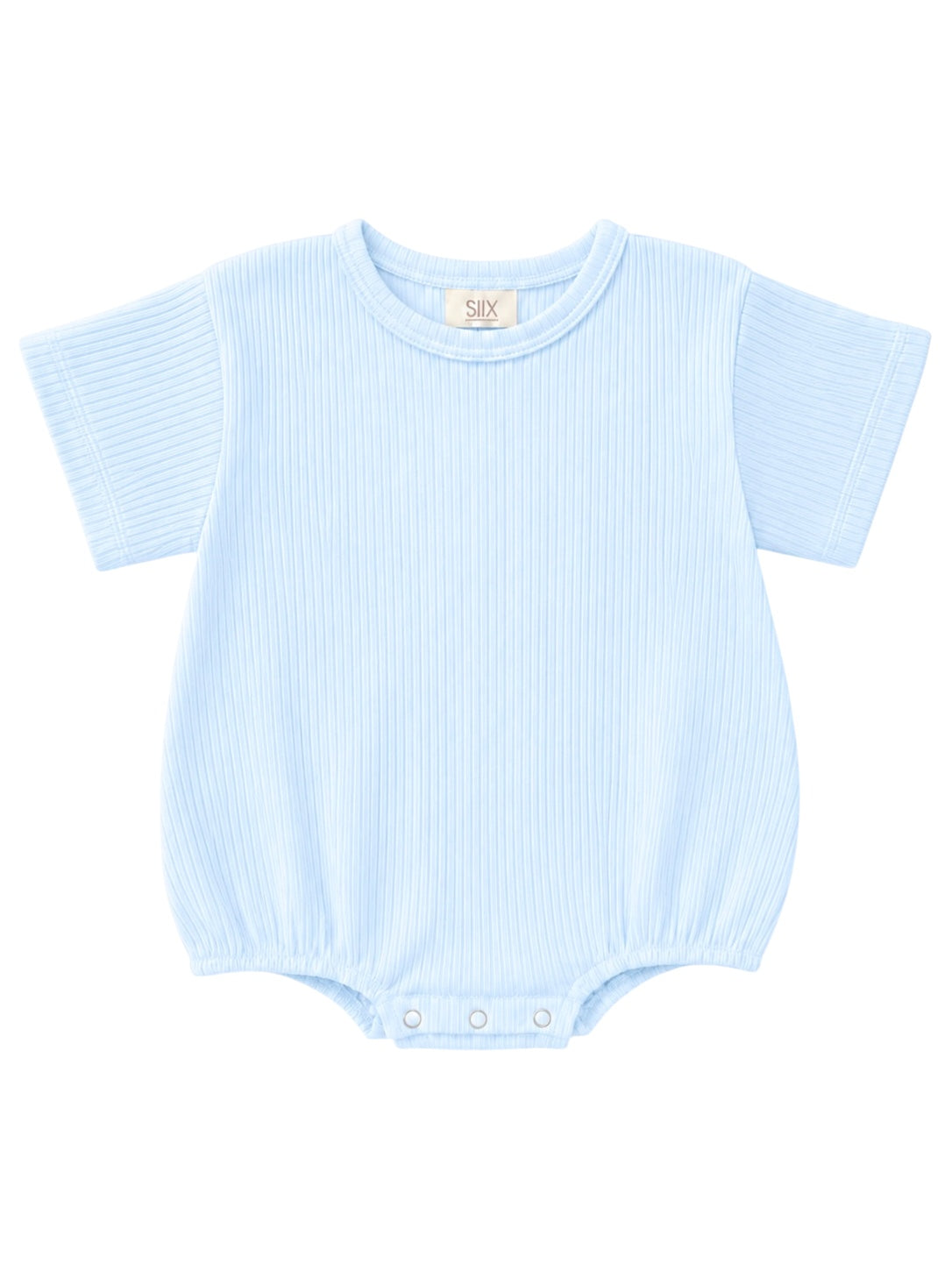 Light blue baby romper with short sleeves and snap closures at the bottom. Ideal for warm weather and comfortable play.