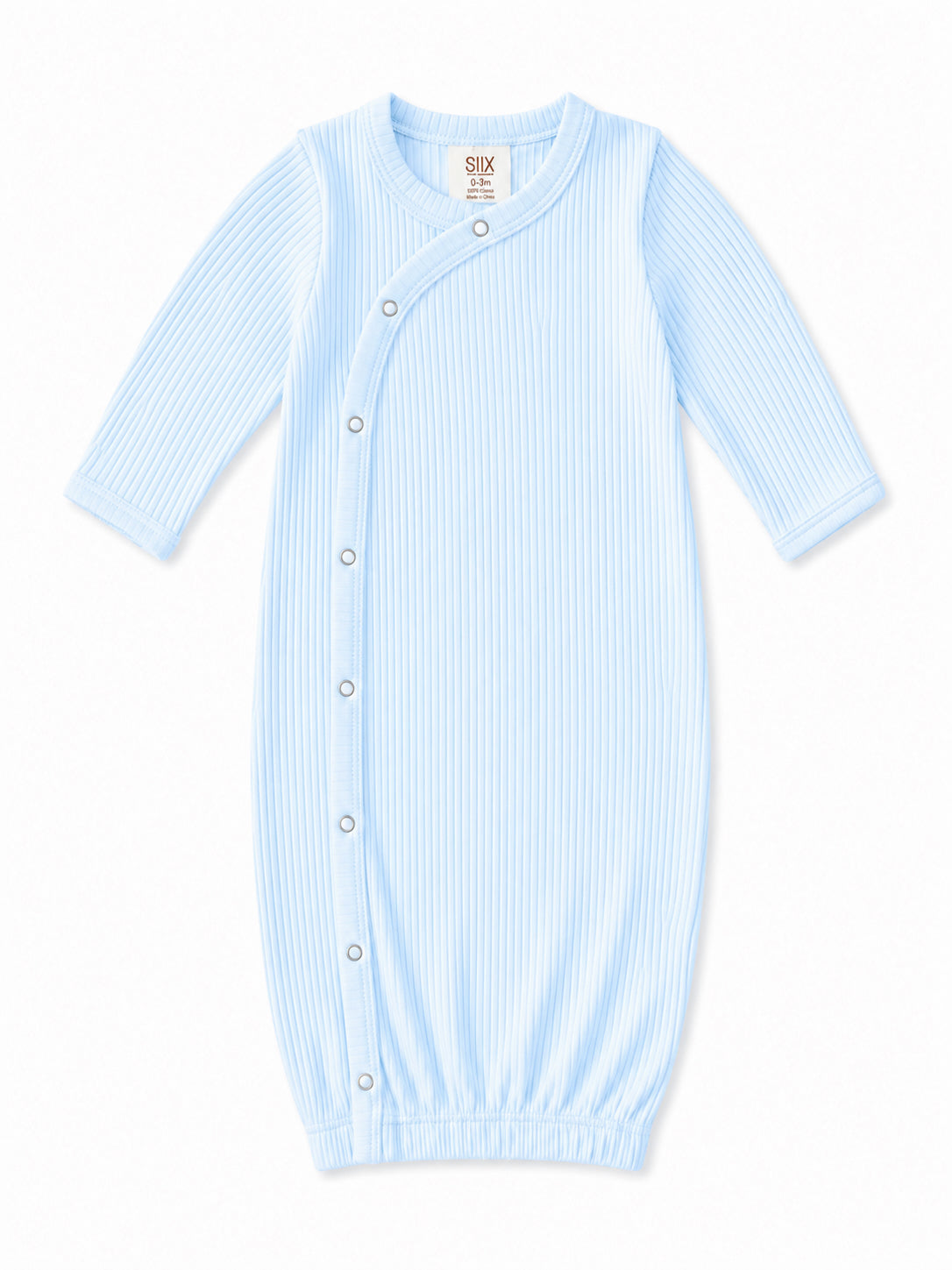 Light blue striped baby gown with long sleeves and snap closure. Ideal for infants up to 3 months.