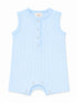 Light blue sleeveless baby romper with vertical stripes and snap buttons at the front.