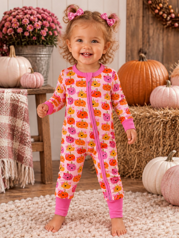 Smiling toddler in pumpkin-patterned pajamas stands on a cozy rug with pumpkins and flowers in the background.