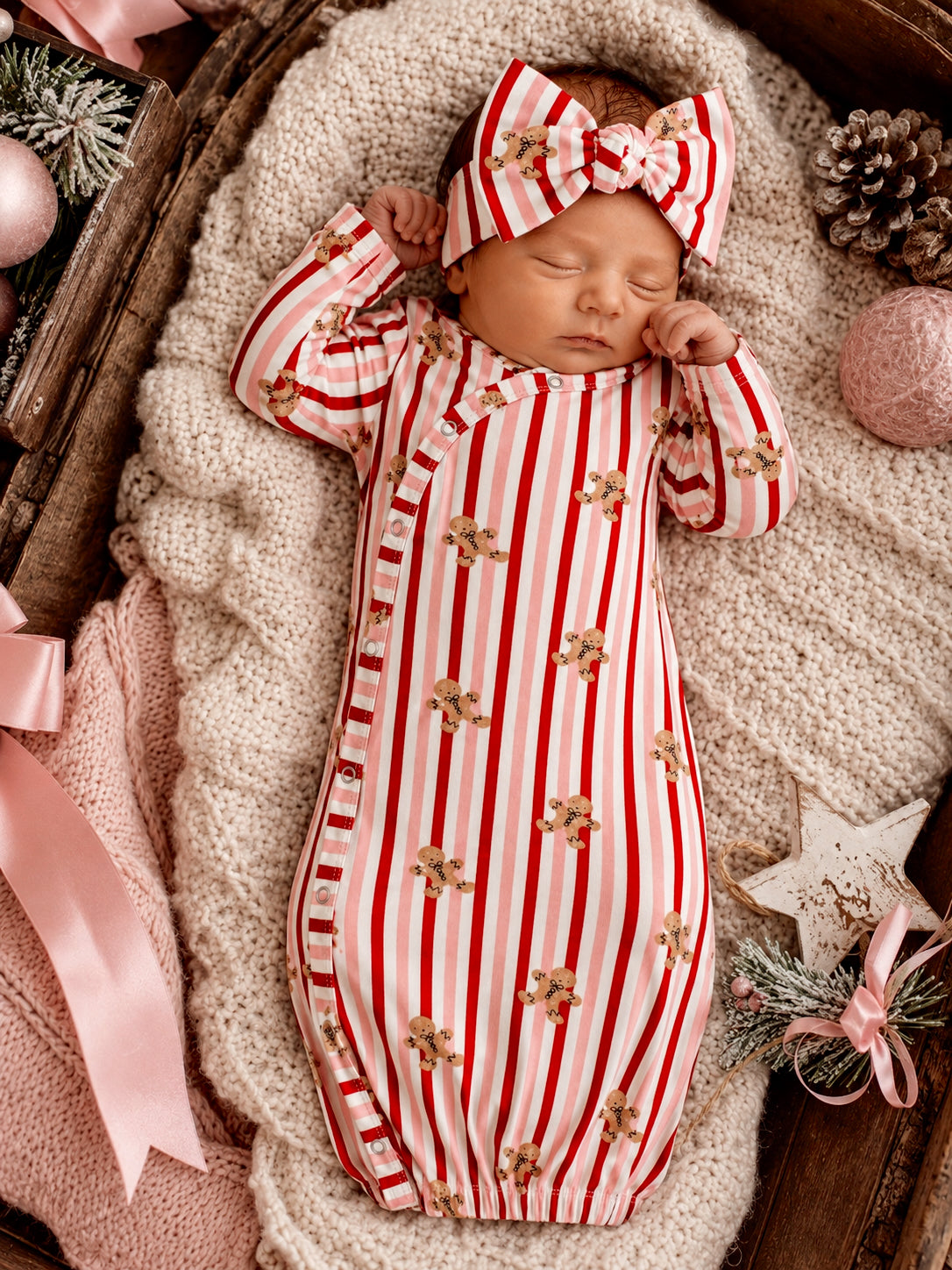 Newborn girl in a striped candy cane outfit with a matching bow, sleeping on a cozy blanket.
