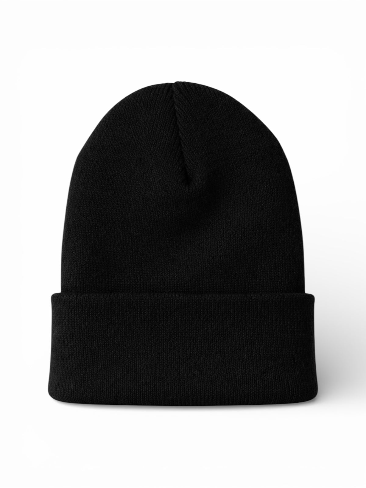 Black knit beanie hat with a folded cuff, positioned upright on a white background.