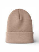 Tan knit beanie hat with a folded brim, perfect for winter wear or casual style.