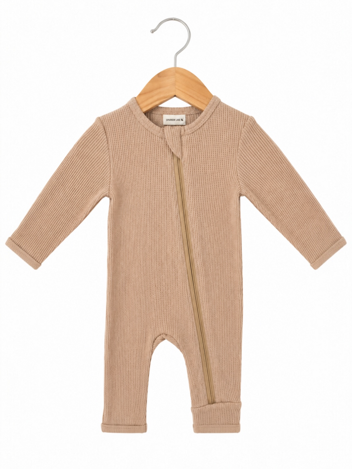 Organic Waffle Basic Zip Romper, Tan
