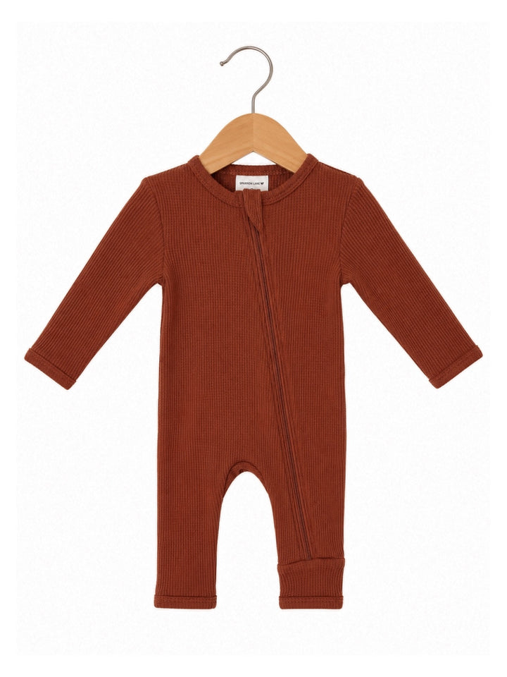 Organic Waffle Basic Zip Romper, Caramel