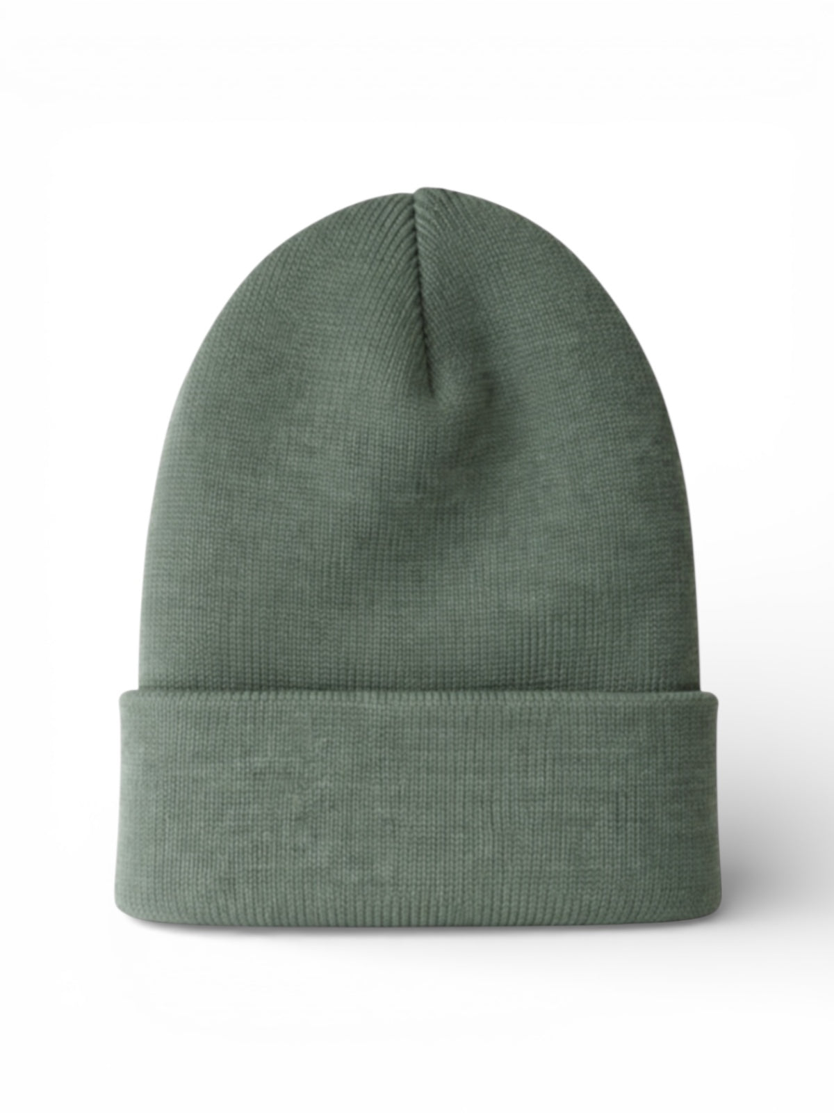 Green knitted beanie hat with a folded cuff, displayed front view on a white background.