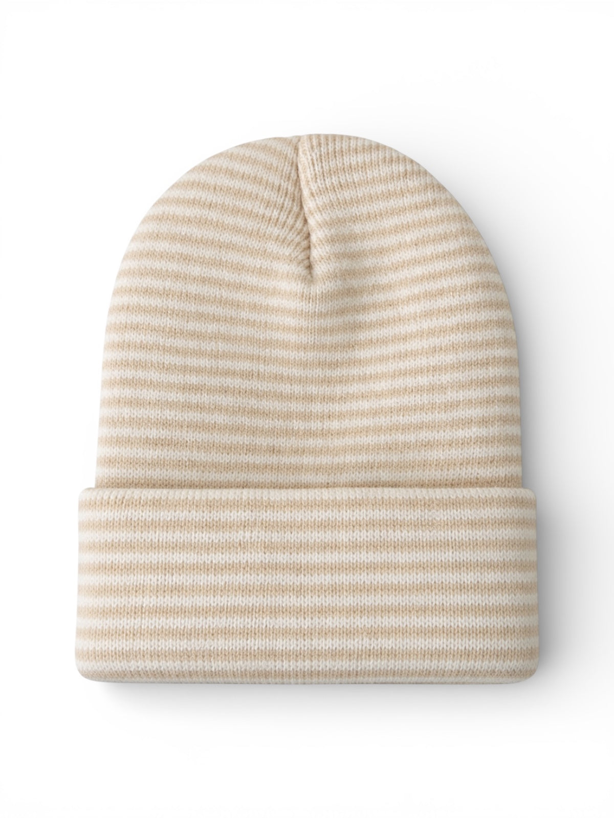 Striped beige knit beanie hat displayed flat on a white background.