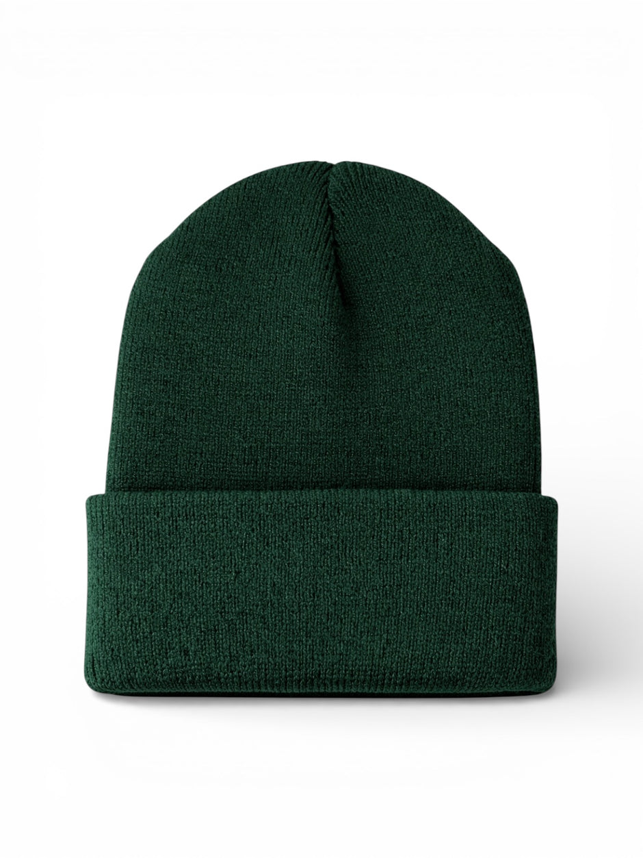 Dark green knit beanie hat with a cuffed brim, displayed from the front.