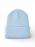 Light blue knit beanie hat, folded at the bottom, displayed on a white background.