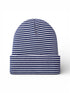 Striped blue and white beanie hat laid flat on a white background.