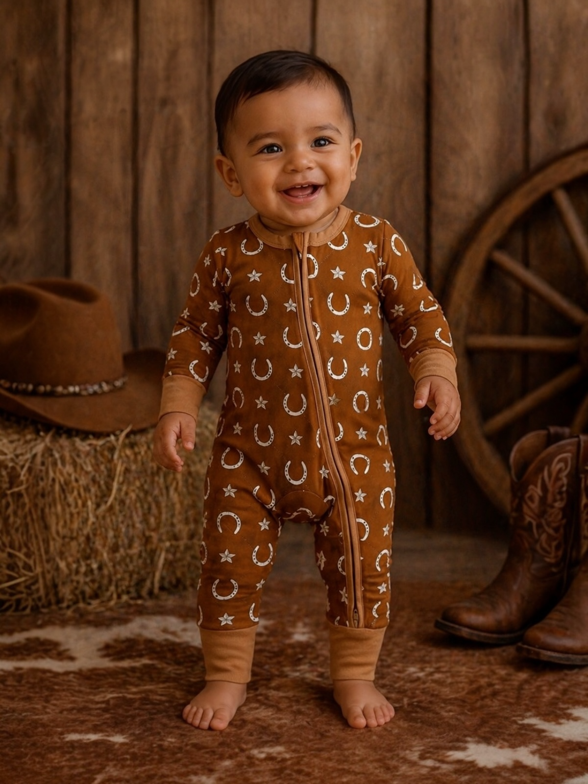 Smiling baby in a brown, star-patterned onesie, standing on a furry rug with cowboy hats and boots nearby.