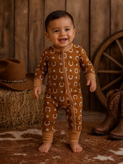 Smiling baby in a brown, star-patterned onesie, standing on a furry rug with cowboy hats and boots nearby.
