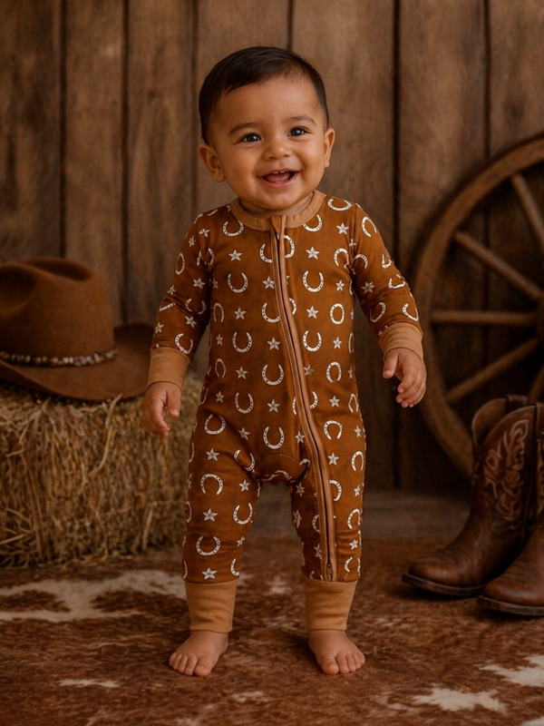 Smiling baby in a brown, star-patterned onesie, standing on a furry rug with cowboy hats and boots nearby.