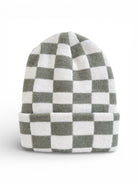 Green and white checkered knit beanie hat, featuring a folded cuff design.