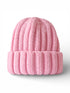 Pink knitted beanie hat with a ribbed texture, folded brim, and a soft appearance.
