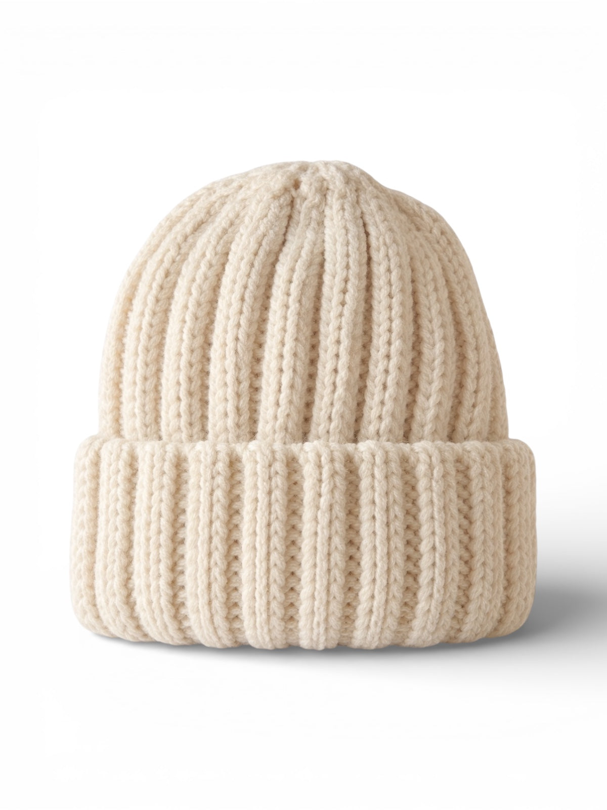 Cream-colored knitted beanie hat with a ribbed design, displayed against a white background.
