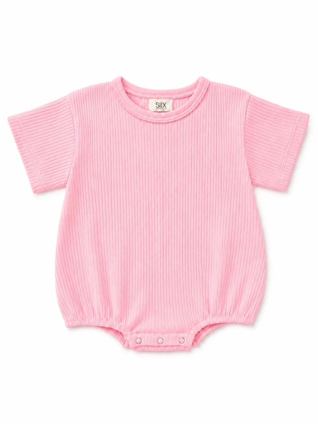 Pink ribbed baby bodysuit with short sleeves and snap closures at the bottom.