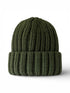 Green knitted beanie hat with a ribbed design, folded brim, displayed against a white background.