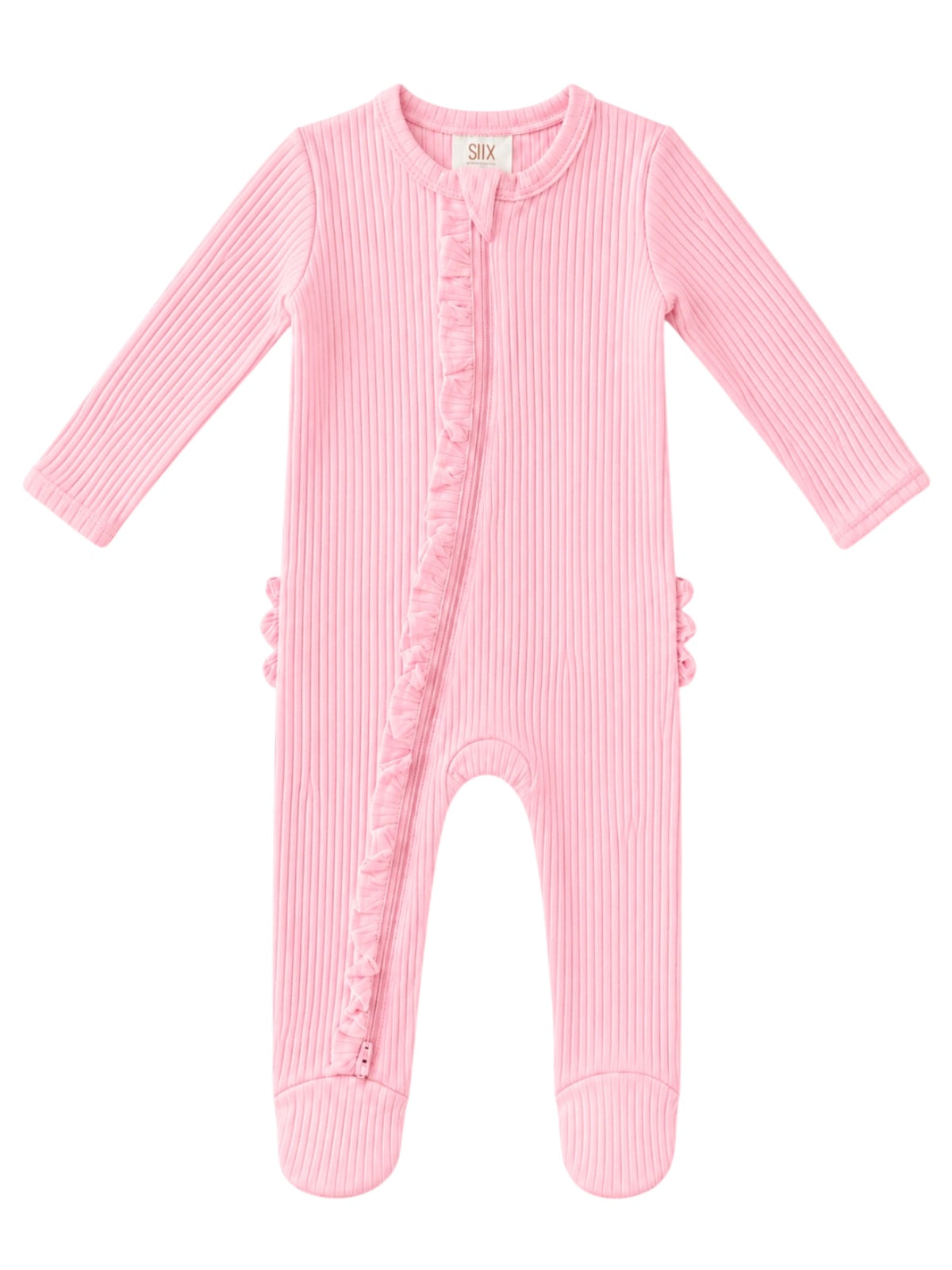 Pink ribbed onesie with long sleeves and ruffle detailing along the zipper, perfect for infants.
