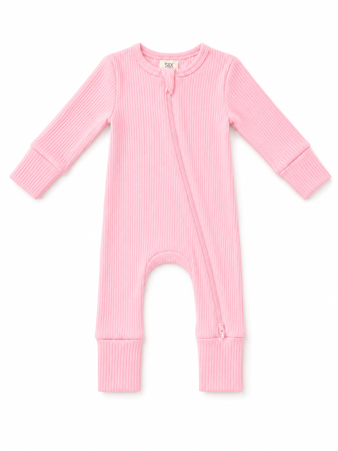 Pink ribbed infant onesie with long sleeves and a front zipper. Soft, cozy, perfect for play or sleep.