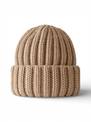 Knitted tan beanie hat with a ribbed texture and folded cuff, displayed on a white background.