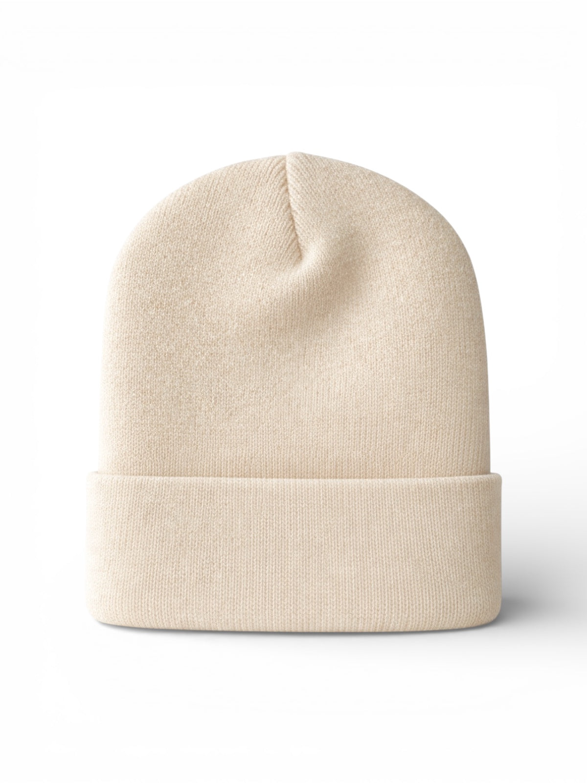 Beige knit beanie hat displayed upright against a white background, featuring a folded cuff.
