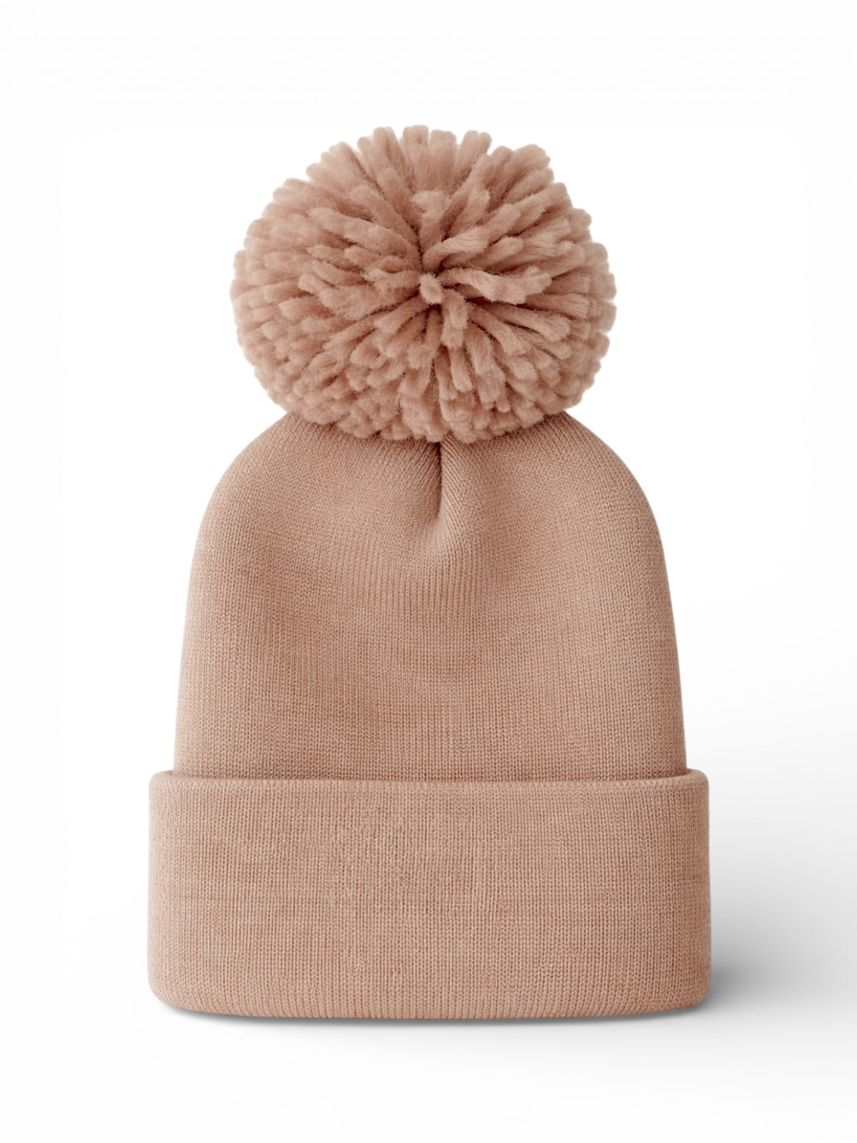 Light pink knit beanie with a fluffy pom-pom on top, featuring a rolled cuff at the bottom.