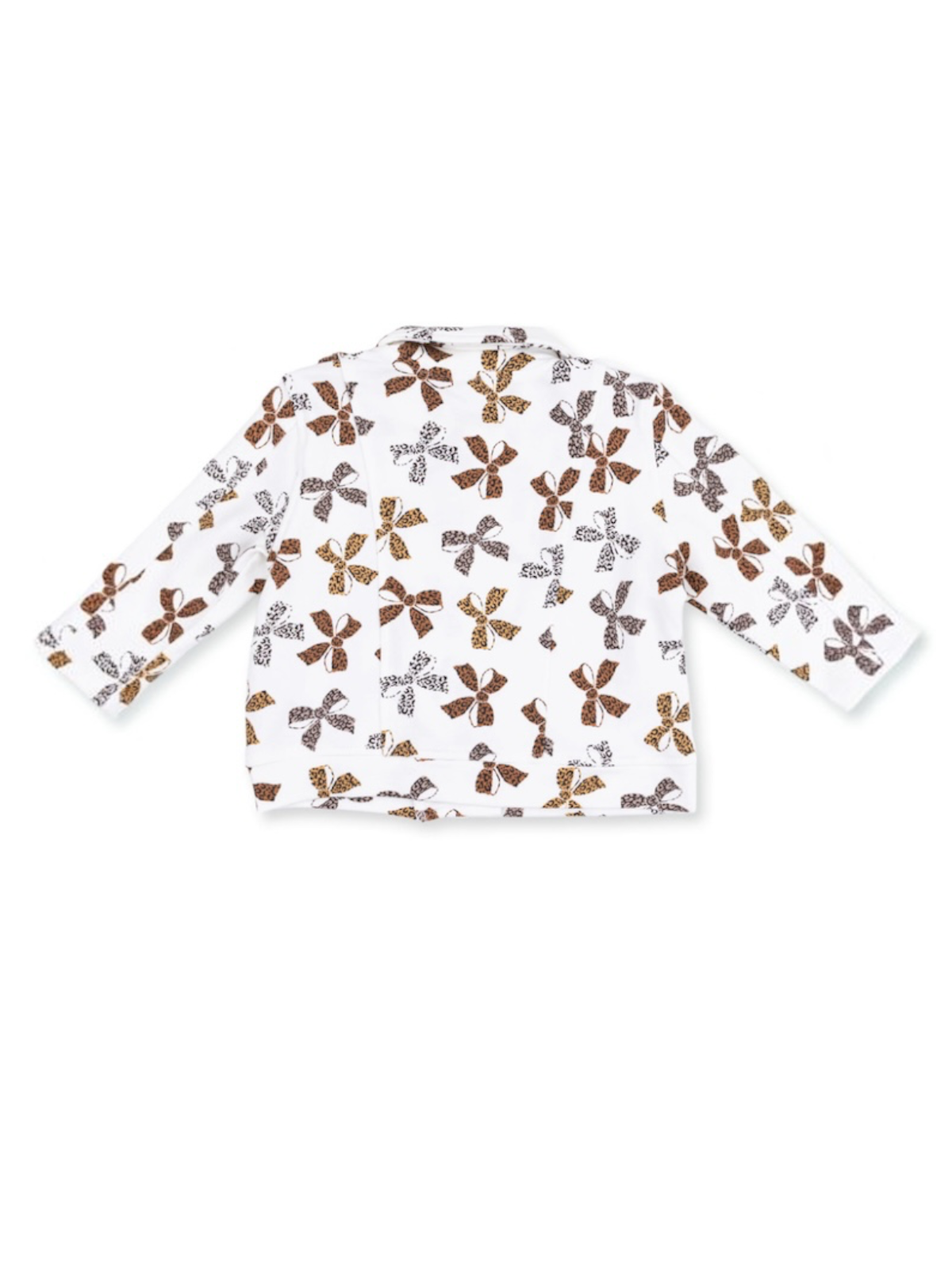 White shirt with colorful floral pattern, featuring long sleeves and a collar, viewed from the back.